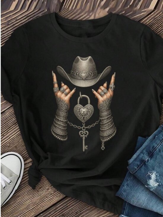 MDM Lux Tops - Western Chic Graphic Tee Cowboy Hat & And Heart Lock Tattoo Design